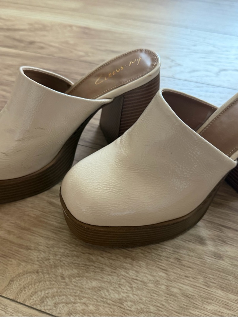 Circus by Sam Edelman Cream Leather Platform Mules with Brown Stacked Heel
